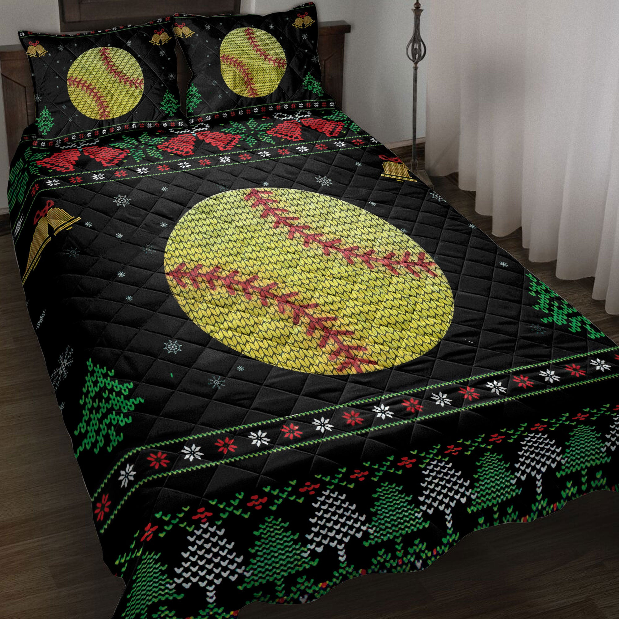 Softball Quilt Bedding Set, Softball Snowflake Bell Ugly Chrismas Softball Quilt Blanket With Pillowcases, Duvet Cover Set