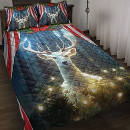 Deer Quilt Bedding Set, Mystic Deer String Light Inest Us Flag Quilt Blanket With Pillowcases, Duvet Cover Set