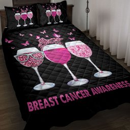Breast Cancer Quilt Bedding Set, Breast Cancer Awareness Goblets Quilt Blanket With Pillowcases, Duvet Cover Set
