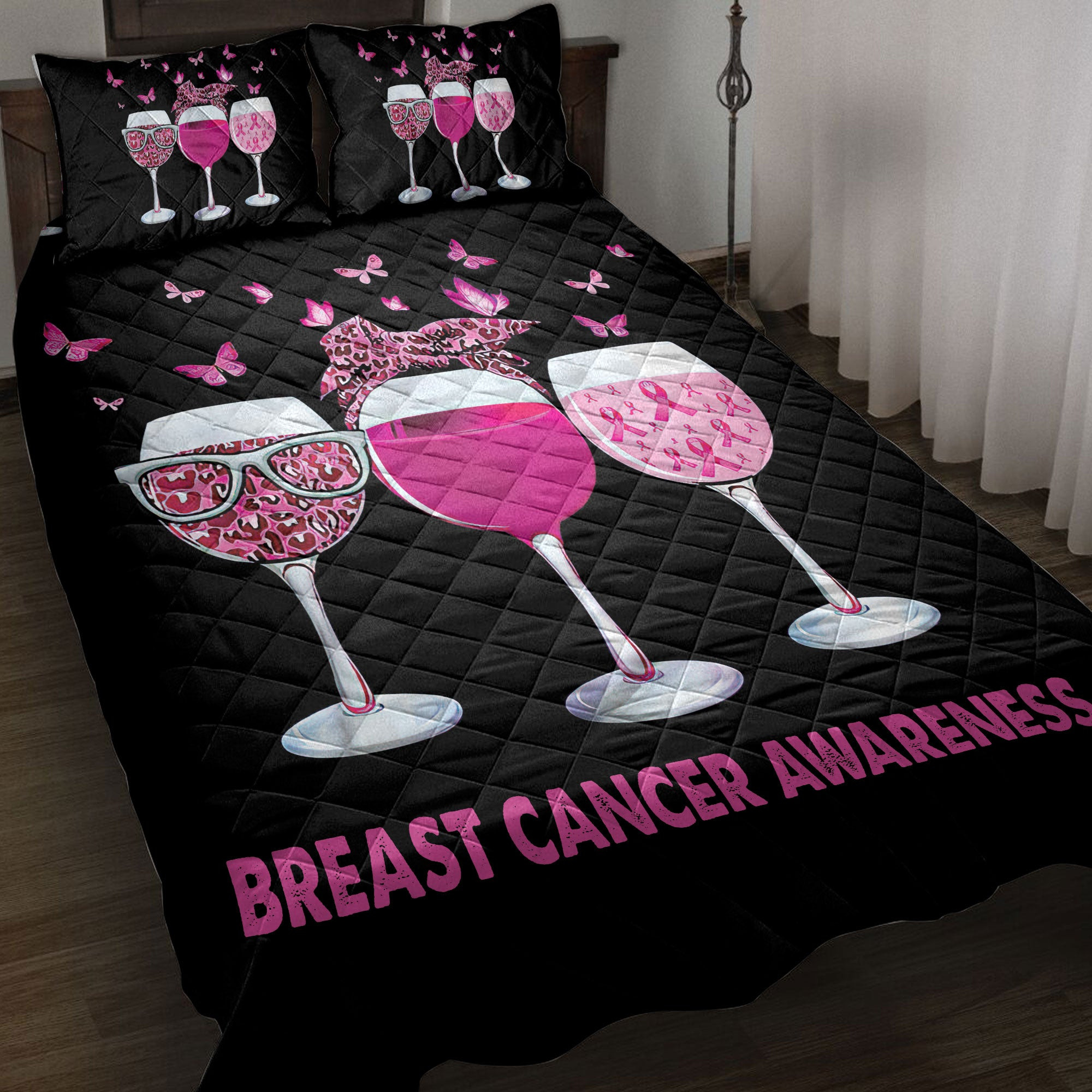 Breast Cancer Quilt Bedding Set, Breast Cancer Awareness Goblets Quilt Blanket With Pillowcases, Duvet Cover Set