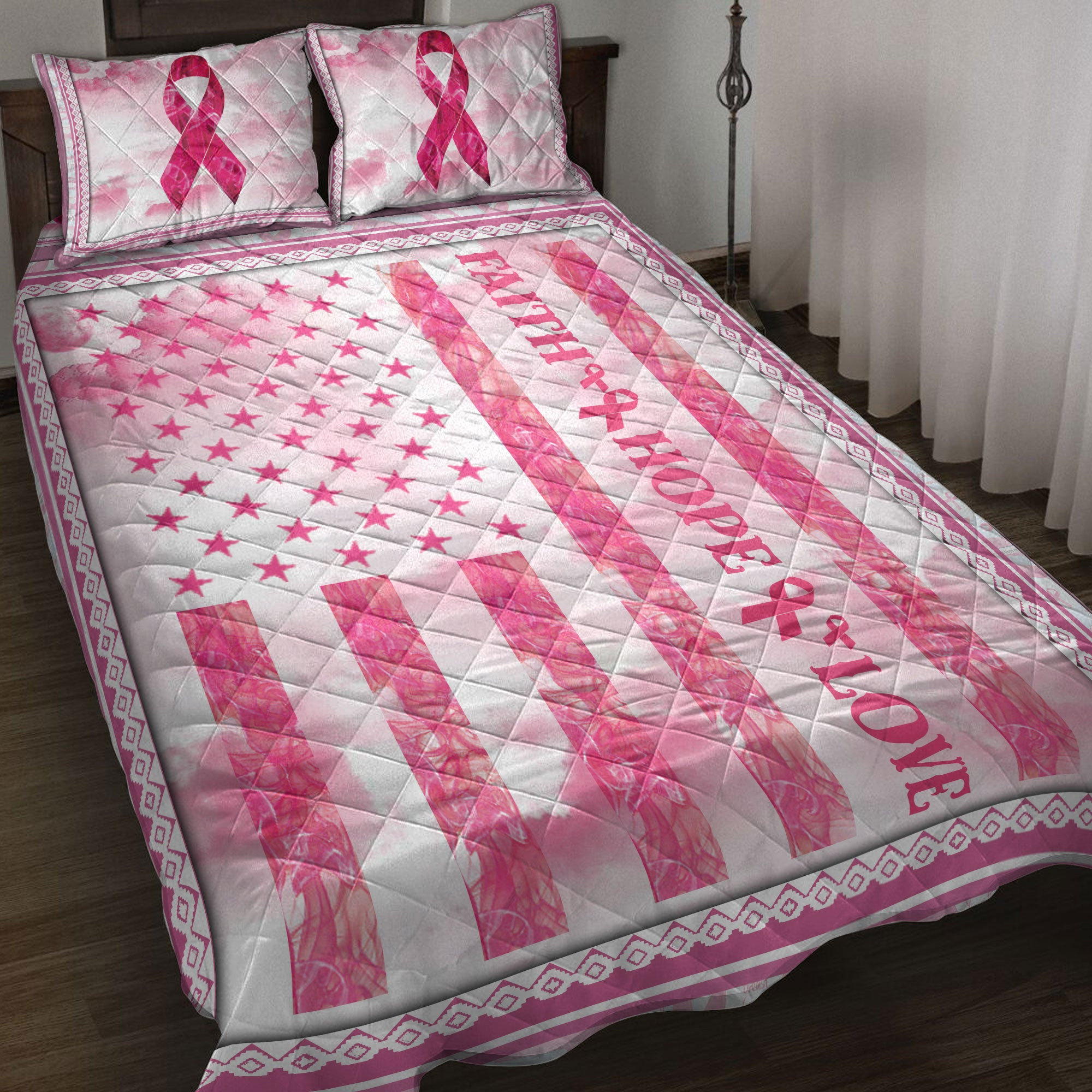 Breast Cancer Quilt Bedding Set, Breast Cancer Awareness Pink Bc Support Faith Hope Love Quilt Blanket With Pillowcases, Duvet Cover Set