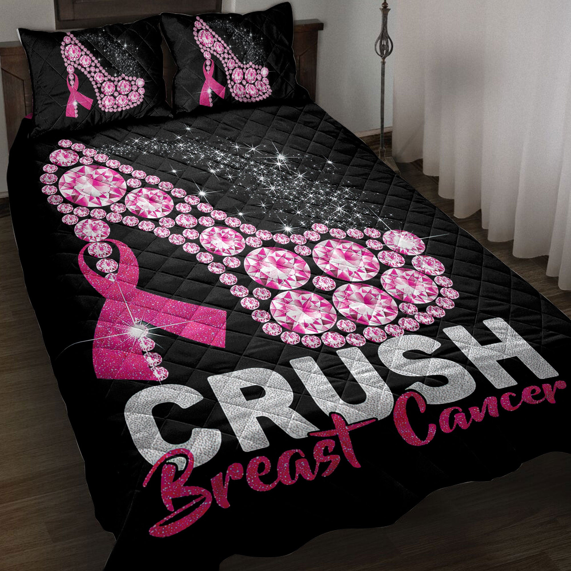 Breast Cancer Quilt Bedding Set, Cr Ush Breast Cancer Sparkle High Heel Quilt Blanket With Pillowcases, Duvet Cover Set