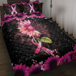 Breast Cancer Quilt Bedding Set, Breast Cancer Awareness Pink Bc Support Sunflower Galaxy Quilt Blanket With Pillowcases, Duvet Cover Set