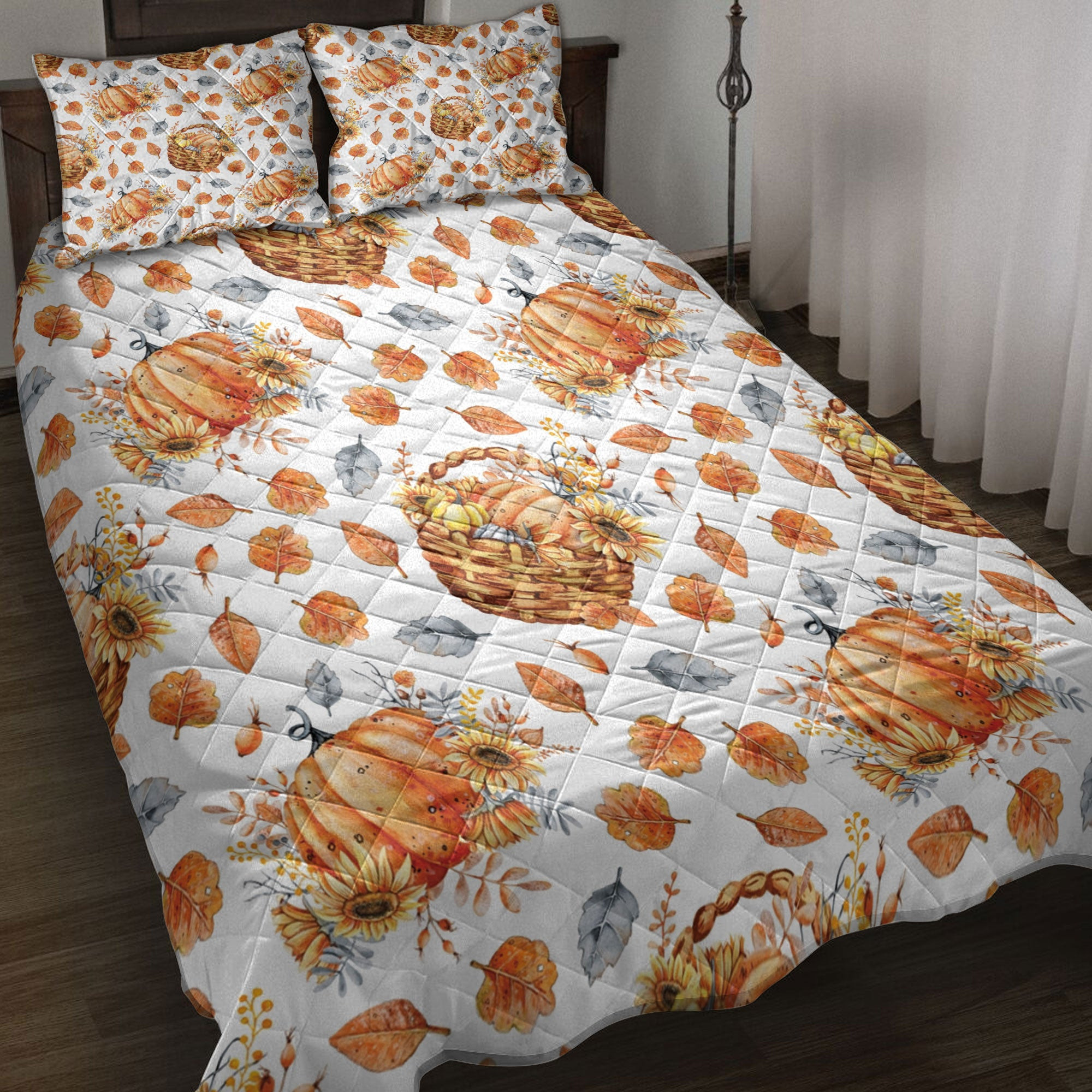 Quilt Bedding Set, Autumn Fall Pumpkins Sunflower Fallen Leaves Basket Thanksgiving Harvest Quilt Blanket With Pillowcases, Duvet Cover Set, Autumn Gift