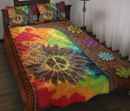 Hippie Quilt Bedding Set, Daisy Flower Hippie Peace Sign Floral Quilt Blanket With Pillowcases, Duvet Cover Set