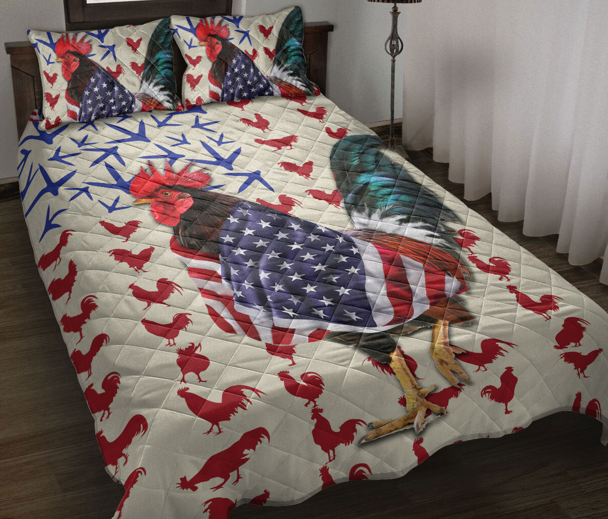 Chicken Quilt Bedding Set, Chicken Rooster Patriotic Us Flag Quilt Blanket With Pillowcases, Duvet Cover Set