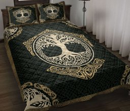 Viking Quilt Bedding Set, Celtic Viking Tree Of Yggdrasil Norse Nordic Mythology Green Quilt Blanket With Pillowcases, Duvet Cover Set