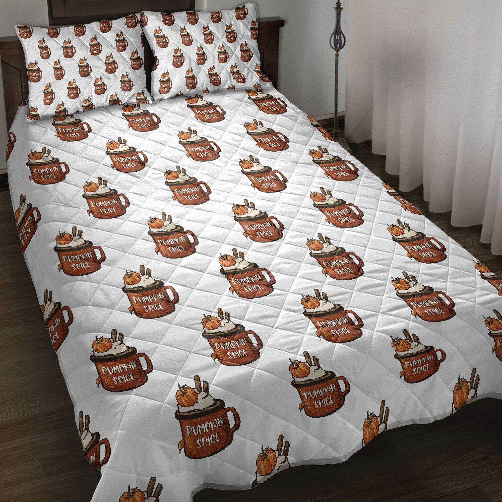 Thanksgiving Quilt Bedding Set, Happy Thanksgiving Pumpkin Spice Latte Quilt Blanket With Pillowcases, Duvet Cover Set