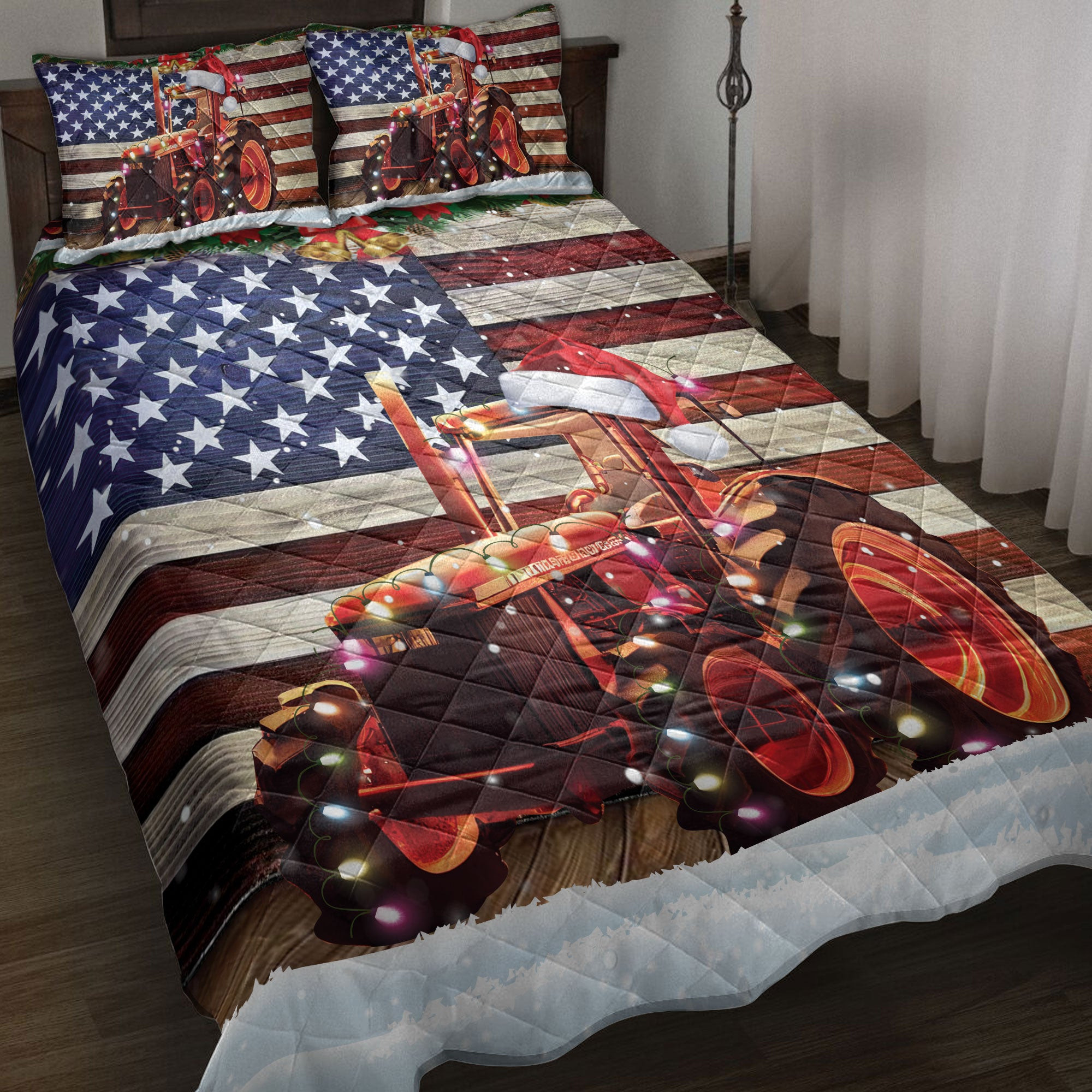 Tractor Quilt Bedding Set, Red Tractor Farm Country With String Lights Us Flag Quilt Blanket With Pillowcases, Duvet Cover Set