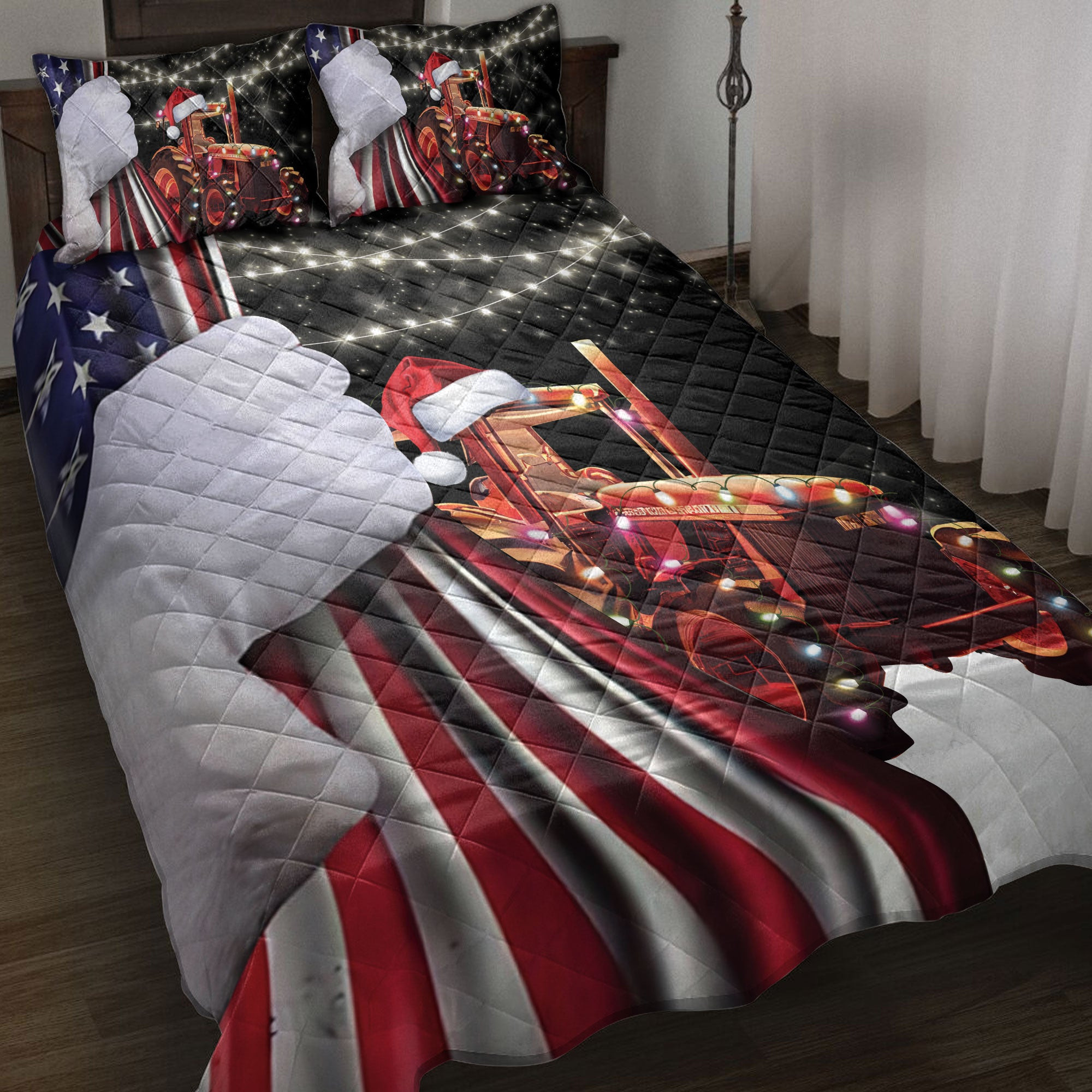 Tractor Quilt Bedding Set, Red Tractor Farm Country String Lights Snowflake Us Flag Quilt Blanket With Pillowcases, Duvet Cover Set