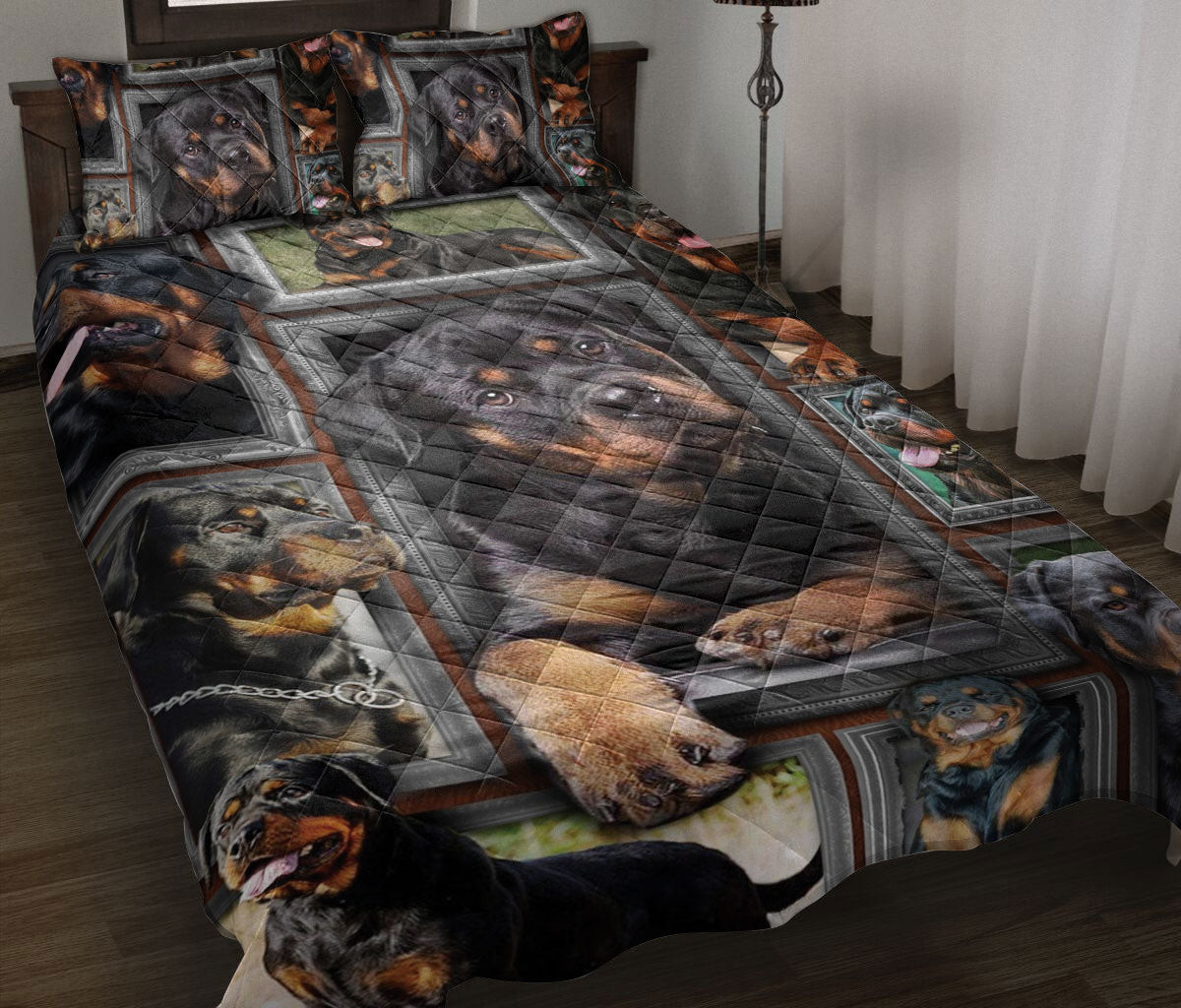Rottweiler Quilt Bedding Set, Rottweiler Dog Frame Patchwork Floral Dog Puppy Quilt Blanket With Pillowcases, Duvet Cover Set