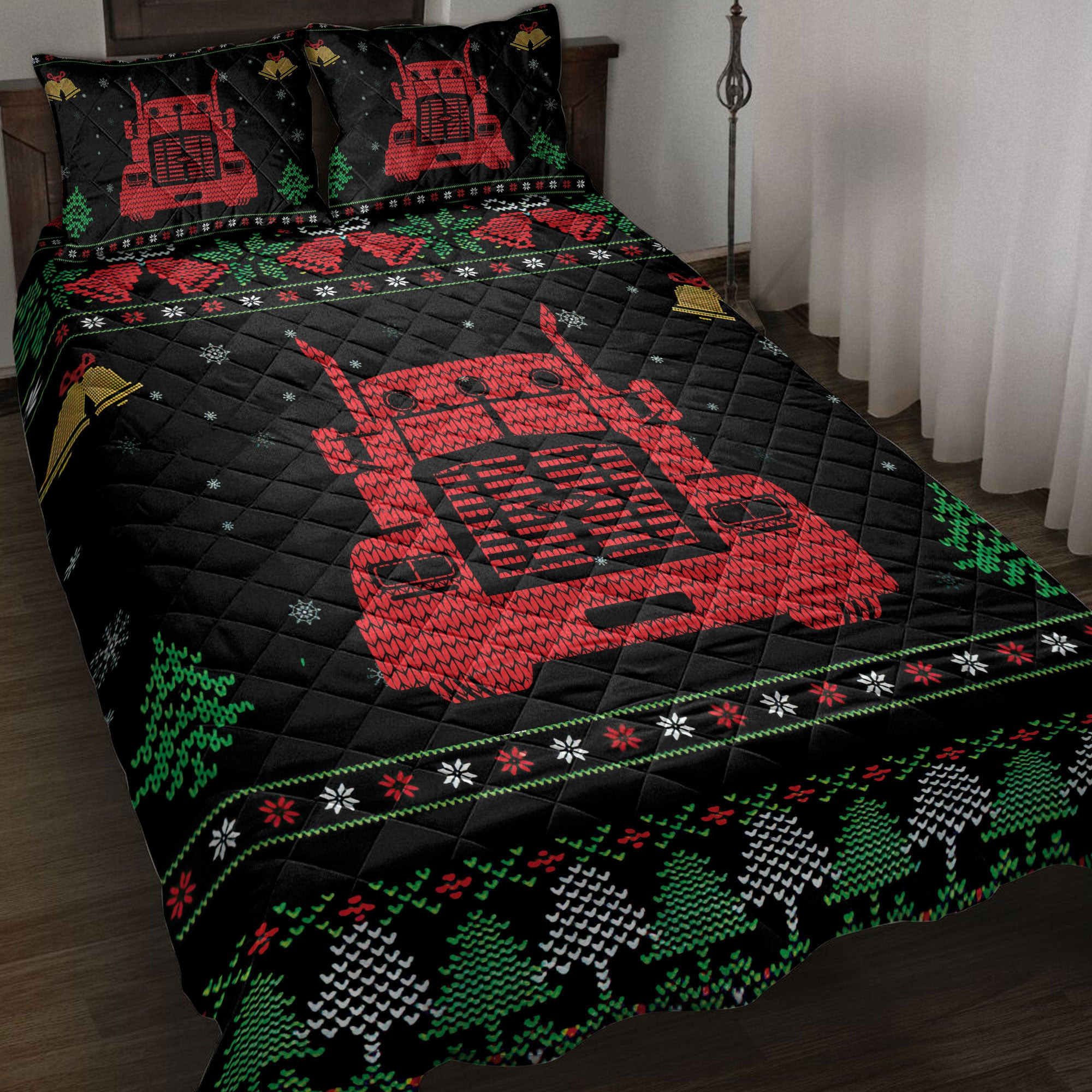 Trucker Quilt Bedding Set, Red Truck Snowflake Bell Ugly Chrismas Trucker Quilt Blanket With Pillowcases, Duvet Cover Set