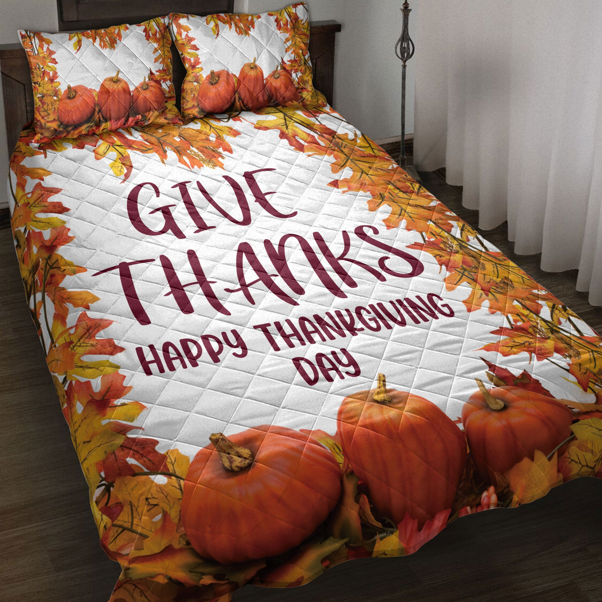 Thanksgiving Quilt Bedding Set, Happy Thanksgiving Day Pumpkin Give Thanks Quilt Blanket With Pillowcases, Duvet Cover Set