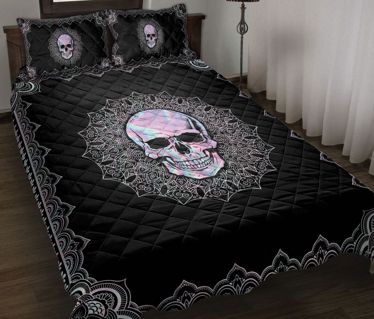 Skull Quilt Bedding Set, Mandala Hologram Skull Quilt Blanket With Pillowcases, Duvet Cover Set