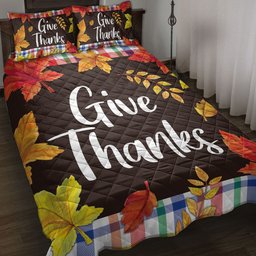 Thanksgiving Quilt Bedding Set, Happy Thanksgiving Give Thanks Autumn Leaves Quilt Blanket With Pillowcases, Duvet Cover Set, Autumn Gift