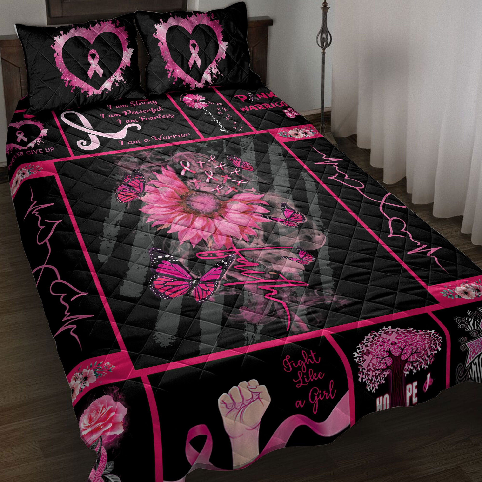 Breast Cancer Quilt Bedding Set, Breast Cancer Awareness Pink Sunflower Flower Faith Butterfly Quilt Blanket With Pillowcases, Duvet Cover Set