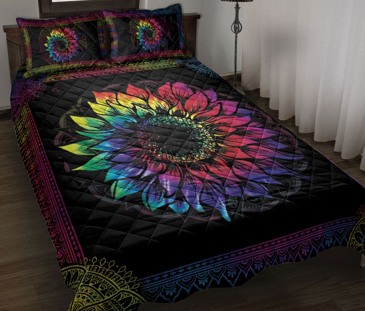 Sunflower Quilt Bedding Set, Tie Dye Color Sunflower Mandala Floral Leaf Quilt Blanket With Pillowcases, Duvet Cover Set