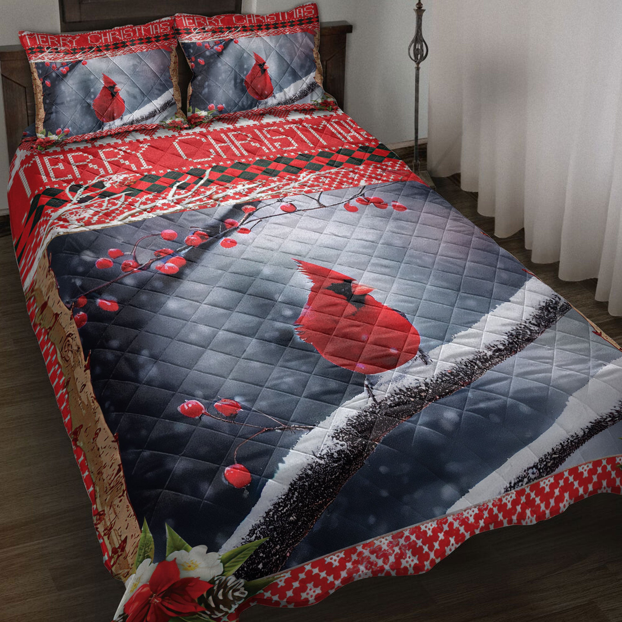 Cardinal Quilt Bedding Set, Lovely Cardinal Bird Perched Cherry Tree Snowflake Birds Quilt Blanket With Pillowcases, Duvet Cover Set