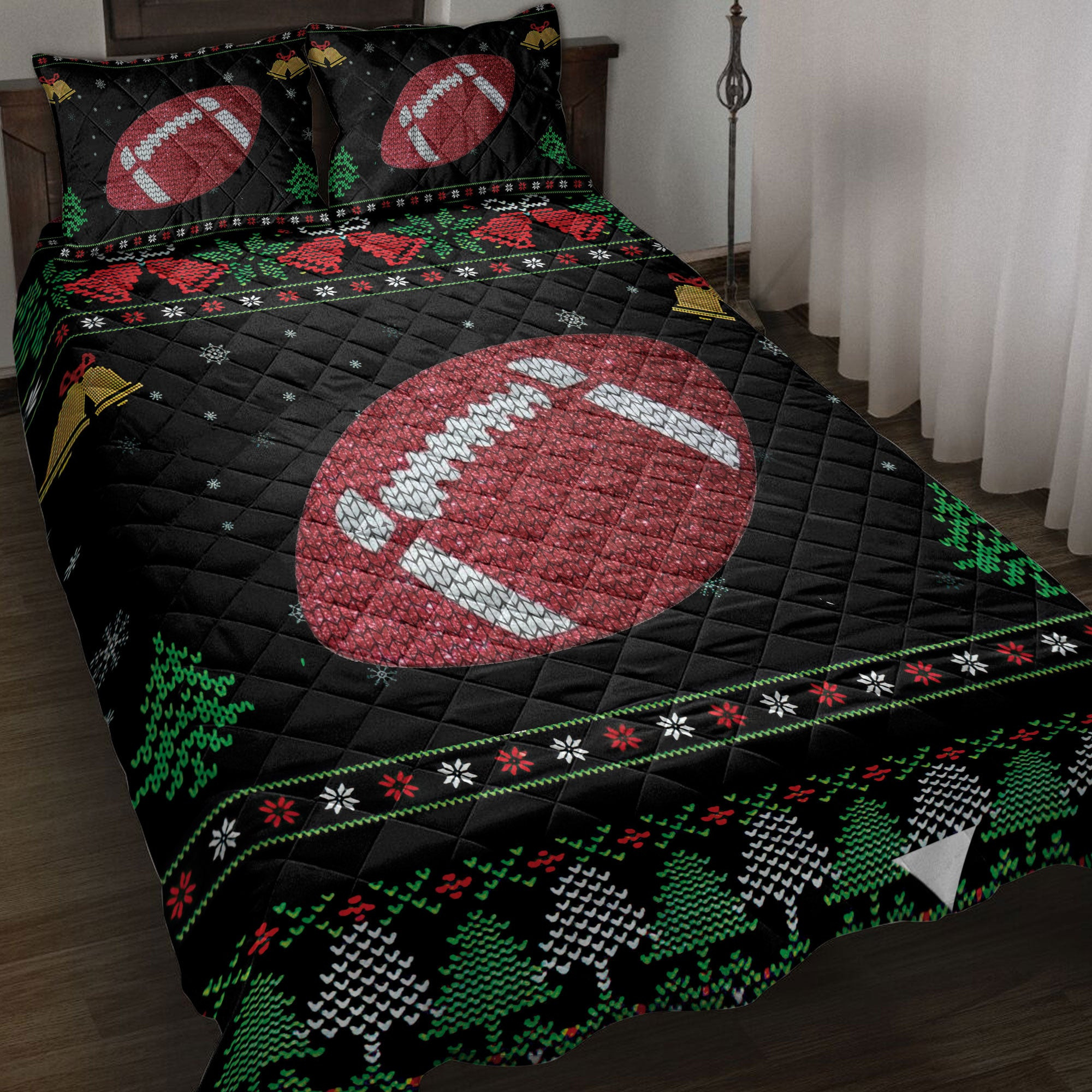 Football Quilt Bedding Set, Football Snowflake Bell Ugly Chrismas Football Quilt Blanket With Pillowcases, Duvet Cover Set
