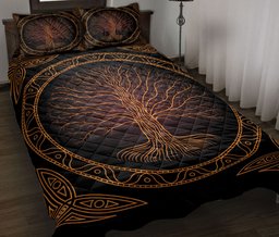 Viking Quilt Bedding Set, Yggdrasil Tree Of Viking Black Orange Triquetra Norse Nordic Mythology Quilt Blanket With Pillowcases, Duvet Cover Set