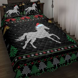 Horse Quilt Bedding Set, Horse Santa Hat Snowflake Bell Ugly Chrismas Quilt Blanket With Pillowcases, Duvet Cover Set