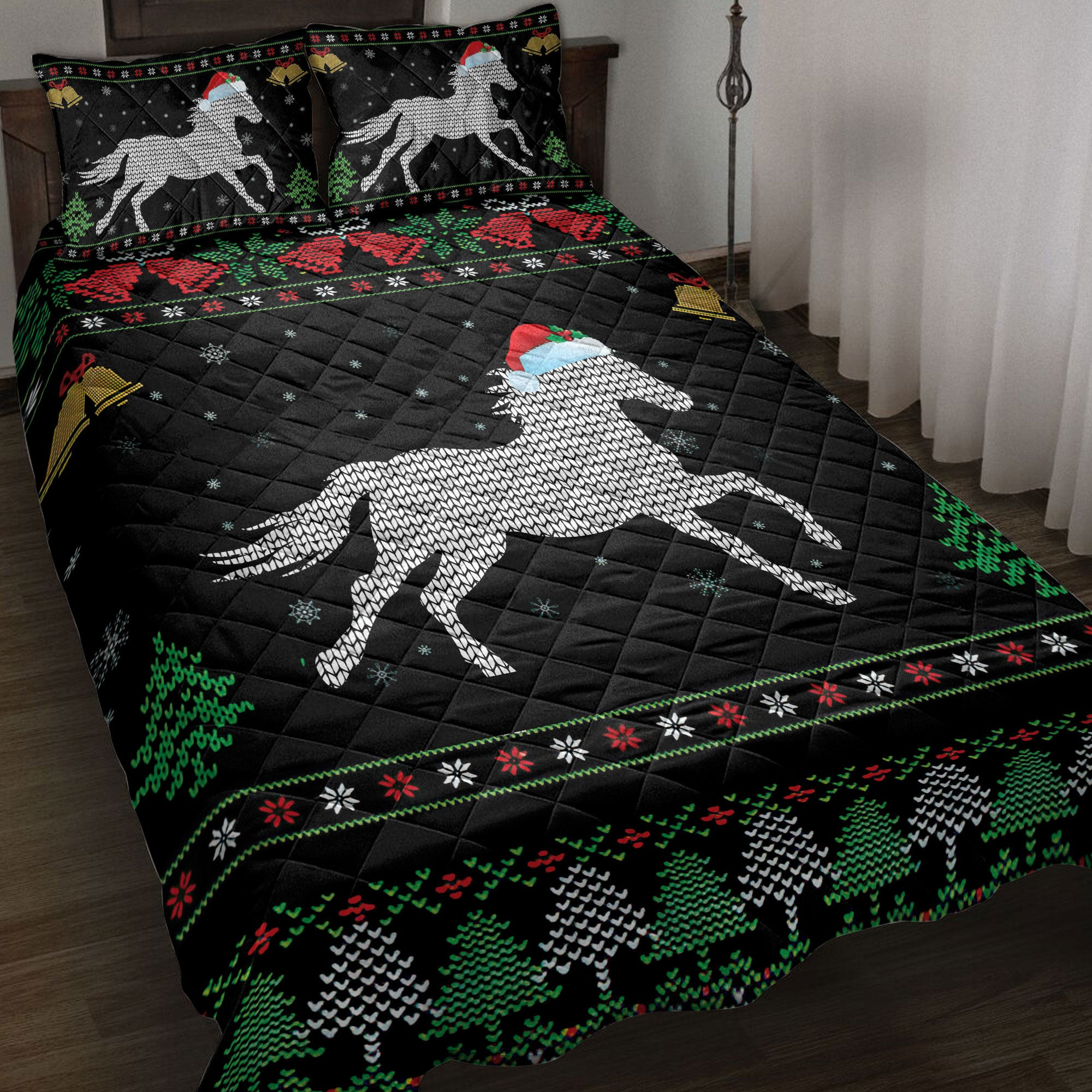 Horse Quilt Bedding Set, Horse Santa Hat Snowflake Bell Ugly Chrismas Quilt Blanket With Pillowcases, Duvet Cover Set