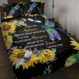 Dragonfly Quilt Bedding Set, Dragonfly Sunflower When We Believe Meaningful Memory Quilt Blanket With Pillowcases, Duvet Cover Set