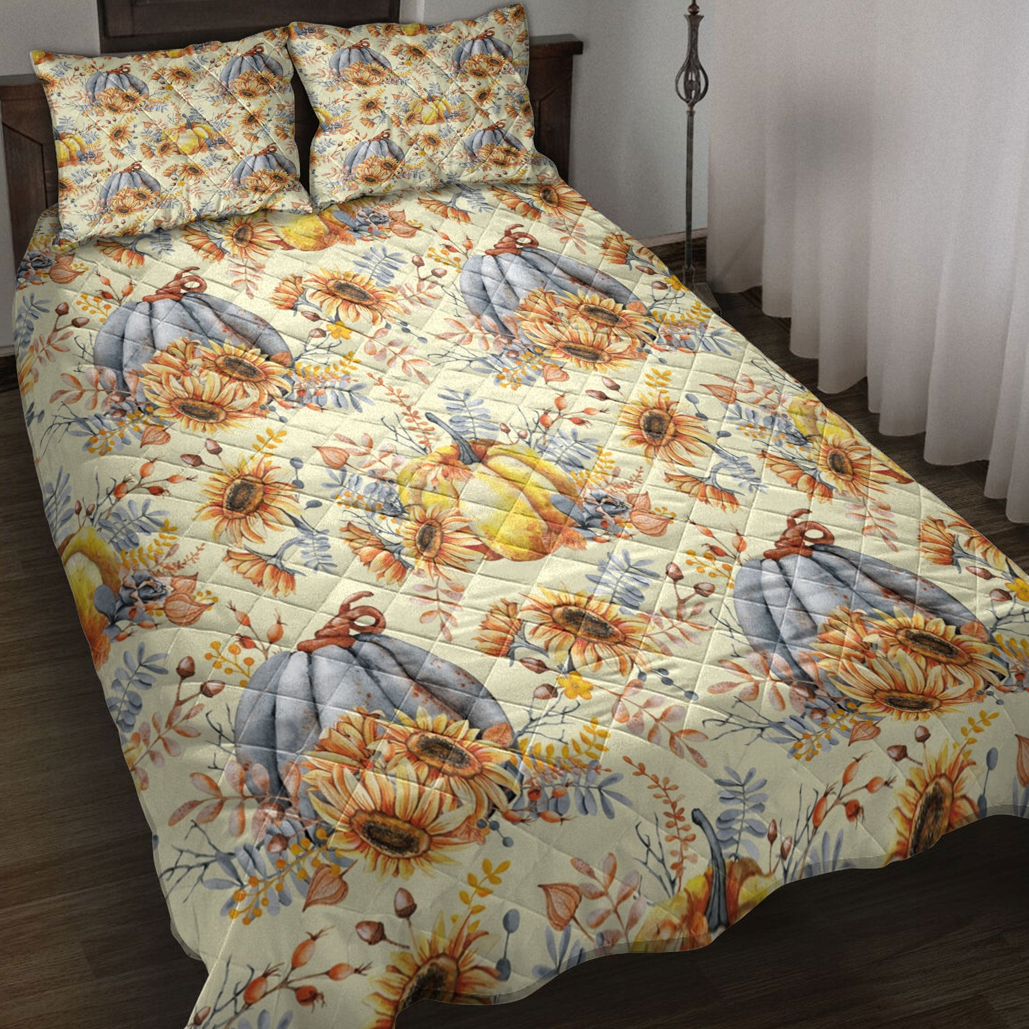 Quilt Bedding Set, Autumn Pumpkins Sunflower Berries Fall Leaves Holiday Thanksgiving Harvest Quilt Blanket With Pillowcases, Duvet Cover Set, Autumn Gift