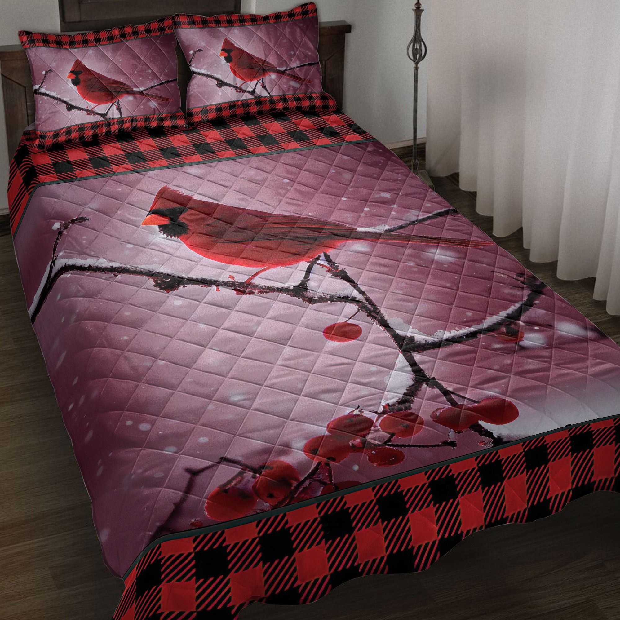 Cardinal Quilt Bedding Set, Cardinal Cherry Tree Snowflake Red Buffalo Plaid Birds Quilt Blanket With Pillowcases, Duvet Cover Set