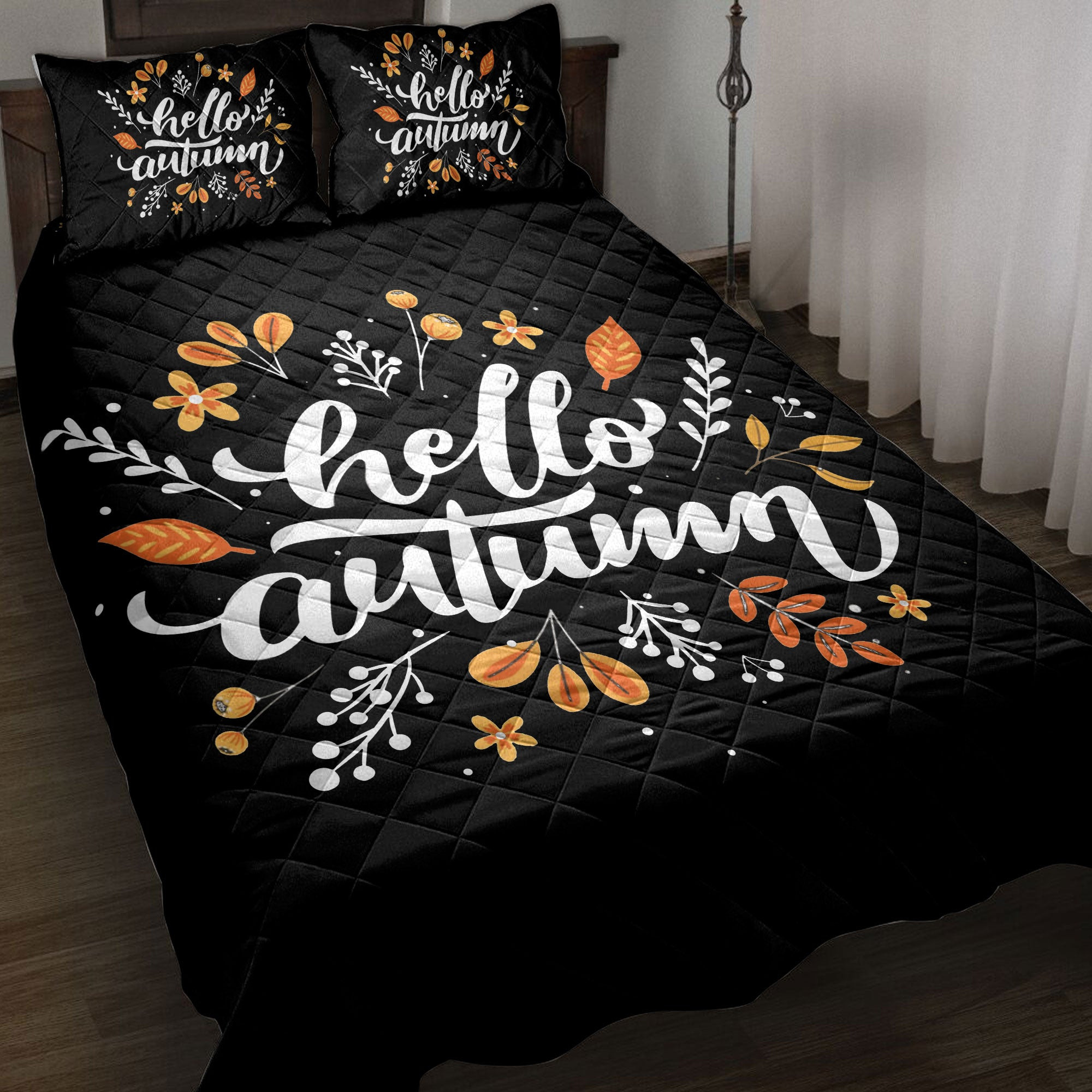 Thanksgiving Quilt Bedding Set, Happy Thanksgiving Hello Autumn Fall Leaves Quilt Blanket With Pillowcases, Duvet Cover Set, Autumn Gift