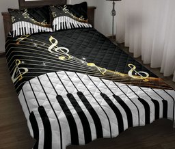 Piano Quilt Bedding Set, MusicPiano Keys Golden MusicNotes MusicTheme Musical Note Black White Quilt Blanket With Pillowcases, Duvet Cover Set