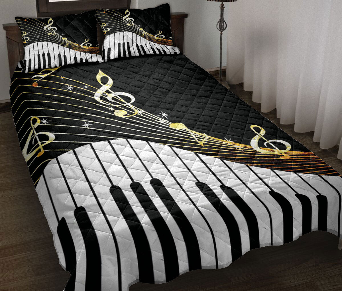 Piano Quilt Bedding Set, MusicPiano Keys Golden MusicNotes MusicTheme Musical Note Black White Quilt Blanket With Pillowcases, Duvet Cover Set