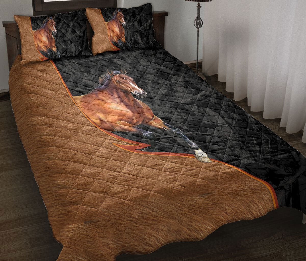 Horse Quilt Bedding Set, Wild Horse In Jungle Running Black & Horse Quilt Blanket With Pillowcases, Duvet Cover Set