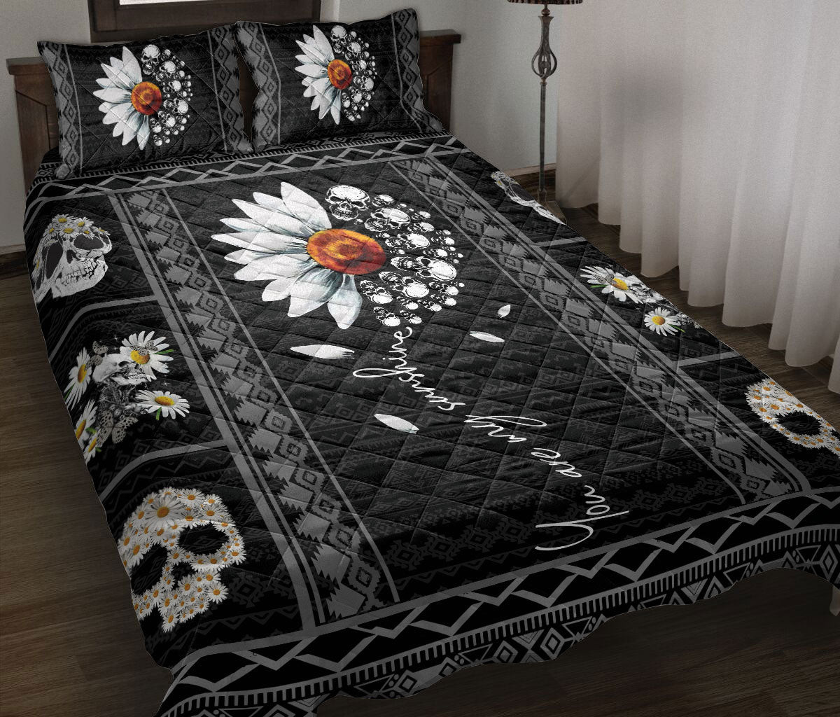 Skull Quilt Bedding Set, Skull Daisy You Are My Sunshine Quilt Blanket With Pillowcases, Duvet Cover Set