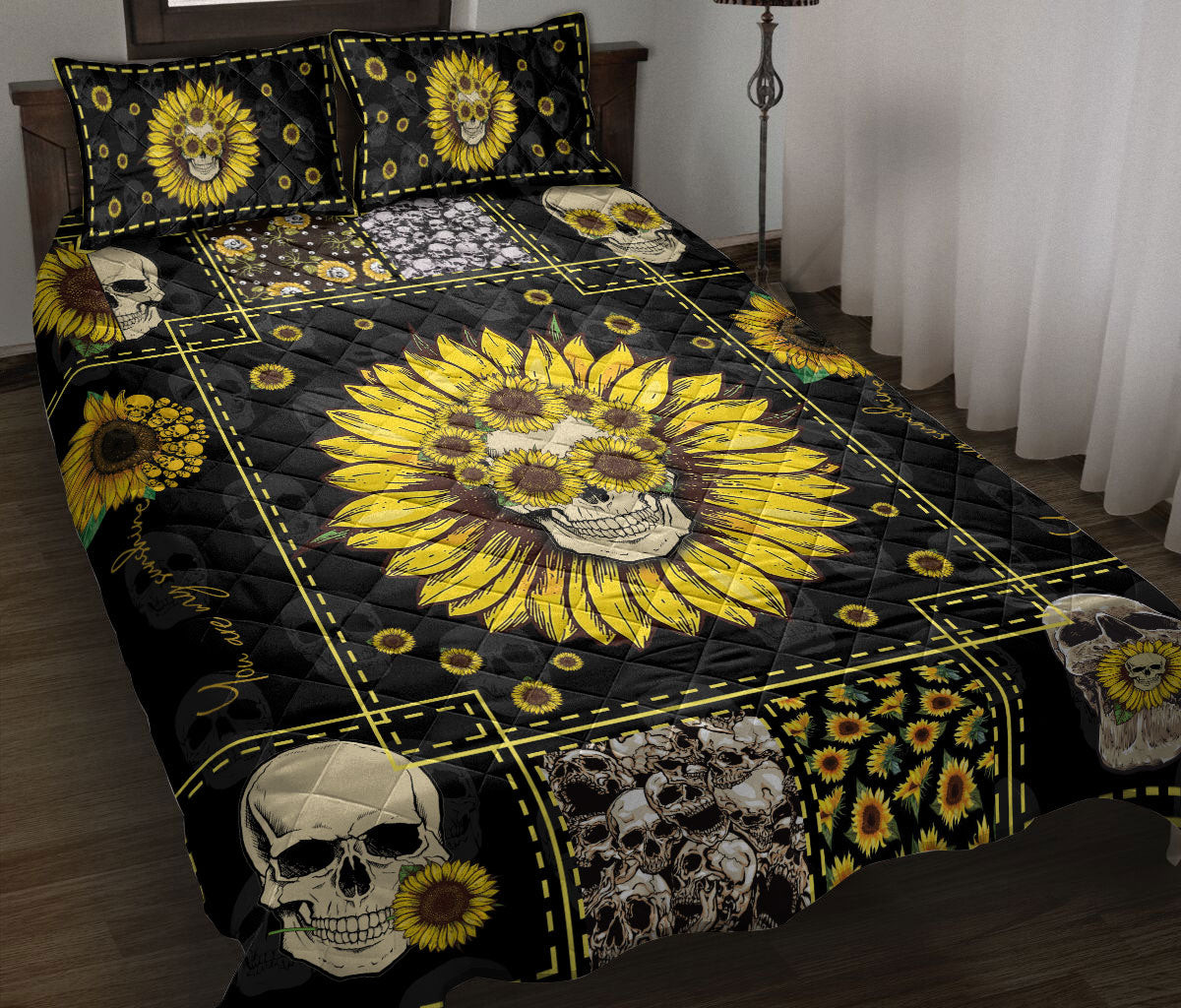 Skull Quilt Bedding Set, Skull And Sunflower Quilt Blanket With Pillowcases, Duvet Cover Set