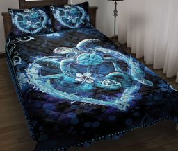 Turtle Quilt Bedding Set, Blue Couple Sea Turtle Heart Sea Quilt Blanket With Pillowcases, Duvet Cover Set