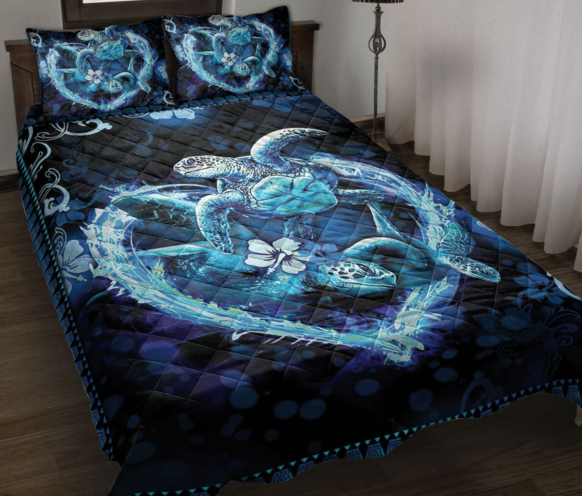 Turtle Quilt Bedding Set, Blue Couple Sea Turtle Heart Sea Quilt Blanket With Pillowcases, Duvet Cover Set