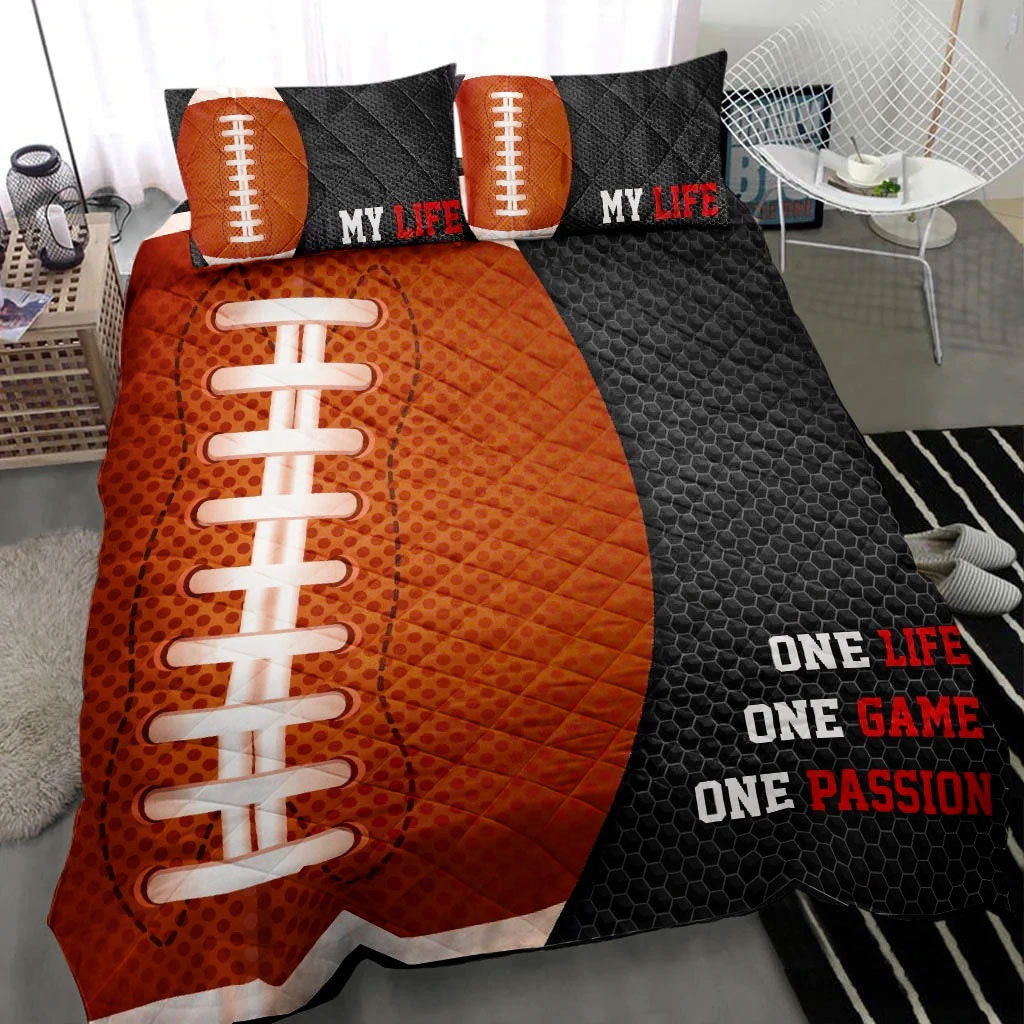 Football Quilt Bedding Set, America Football Ball Pasion Black Quilt Blanket With Pillowcases, Duvet Cover Set