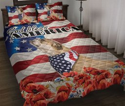 Bulldog Quilt Bedding Set, Bulldog Patriotic Dog God Bless Us Flag Quilt Blanket With Pillowcases, Duvet Cover Set