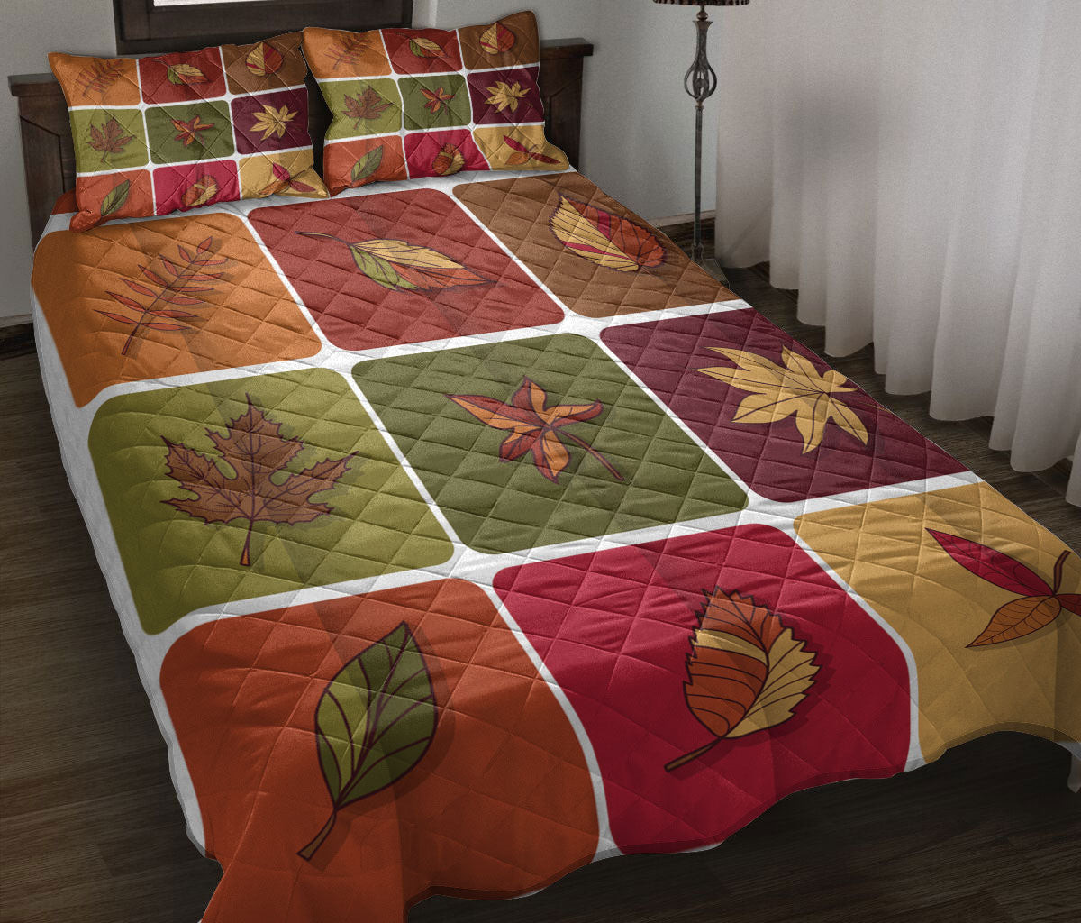 Quilt Bedding Set, Autumn Leaves Patchwork Fall Maple Leaf Autumn Harvest Leaves Quilt Blanket With Pillowcases, Duvet Cover Set, Autumn Gift