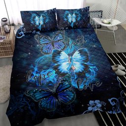 Diabetes Quilt Bedding Set, Diabetes Awareness Butterfly Faith Hope Love Blue Quilt Blanket With Pillowcases, Duvet Cover Set