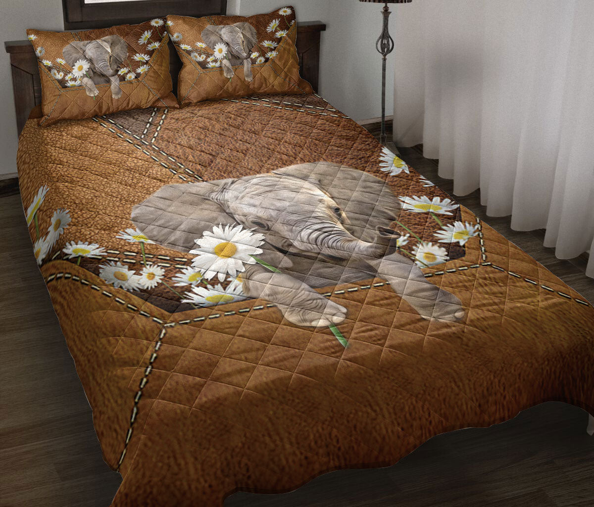 Elephant Quilt Bedding Set, Baby Elephant Daisy Flower Quilt Blanket With Pillowcases, Duvet Cover Set
