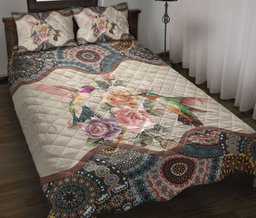 Hummingbird Quilt Bedding Set, Hummingbirds Floral Mandala Quilt Blanket With Pillowcases, Duvet Cover Set