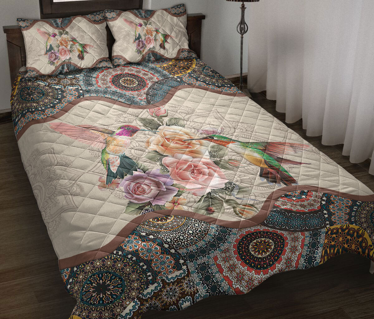 Hummingbird Quilt Bedding Set, Hummingbirds Floral Mandala Quilt Blanket With Pillowcases, Duvet Cover Set