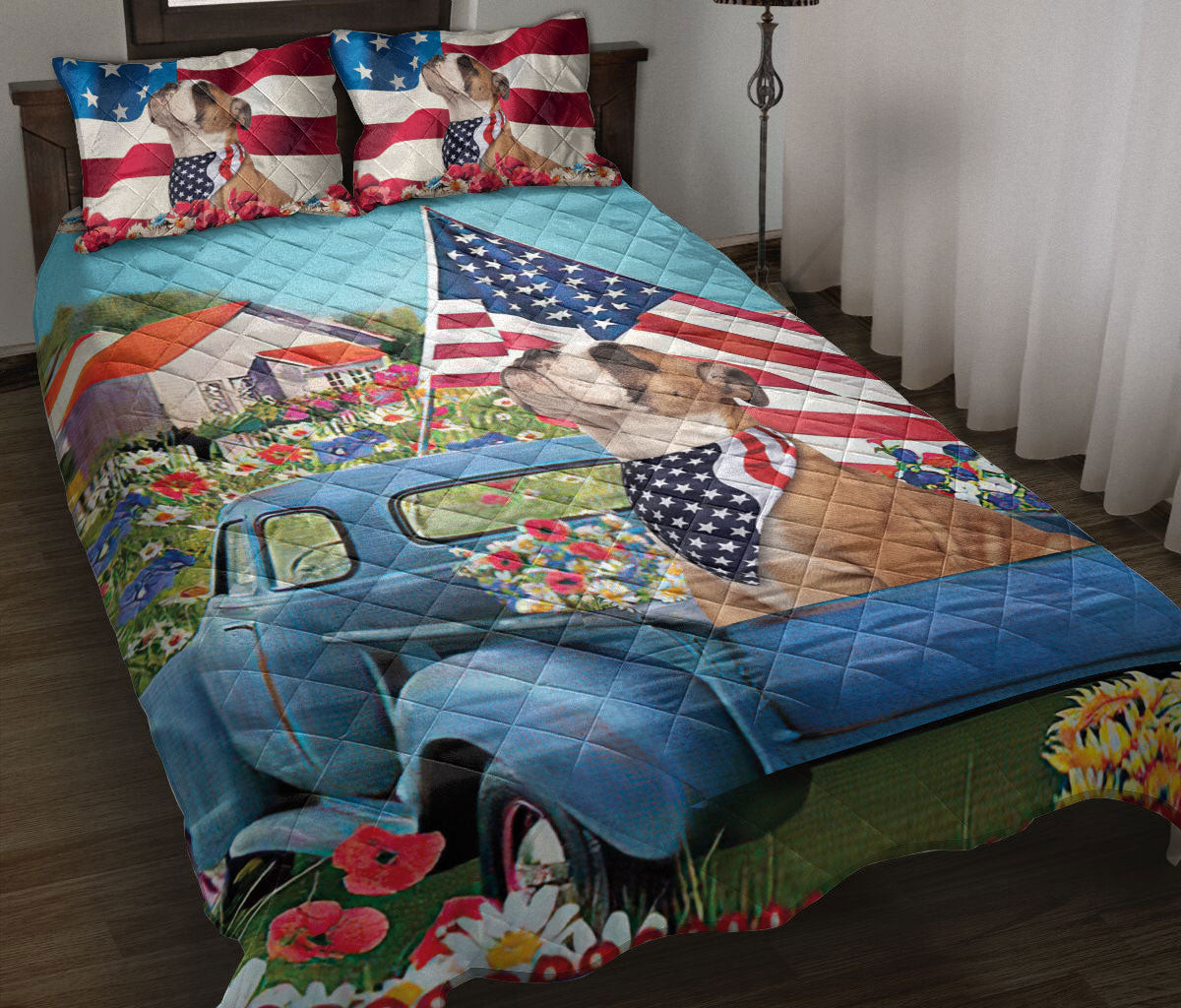 Bulldog Quilt Bedding Set, English Bulldog Car Patriotic Dog Us Flag Flower Spring Country Road Quilt Blanket With Pillowcases, Duvet Cover Set