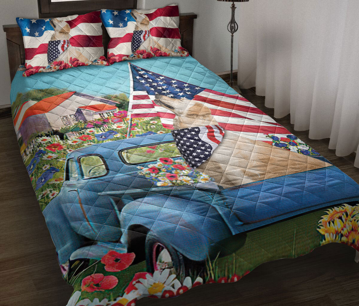 Golden Retriever Quilt Bedding Set, Golden Retriever Patriotic Dog Us Flag Flower Spring Country Road Quilt Blanket With Pillowcases, Duvet Cover Set