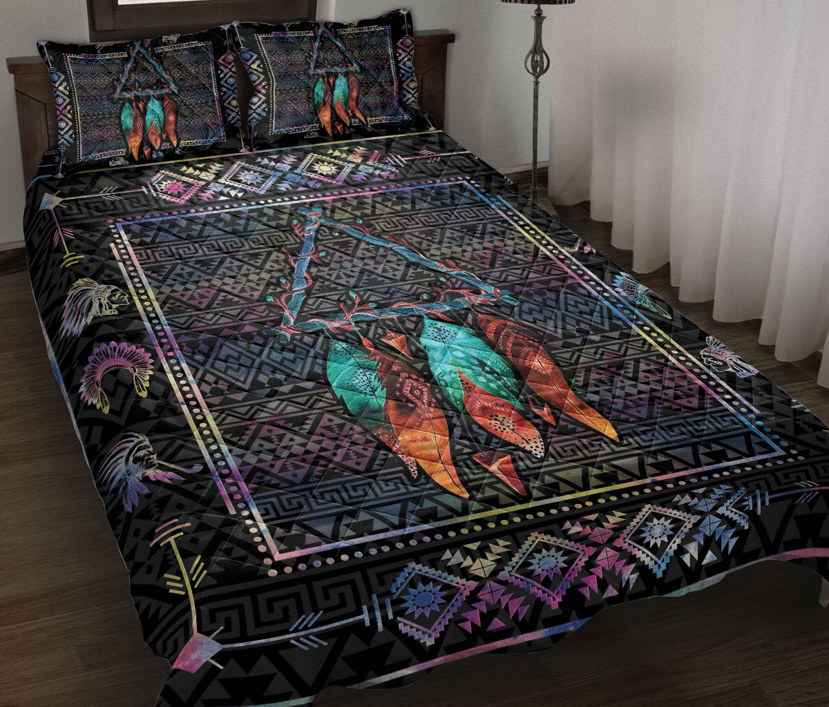 Native American Quilt Bedding Set, Turquoise Dragonfly I Love You To The Moon And Back Dragonfly Quilt Blanket With Pillowcases, Duvet Cover Set