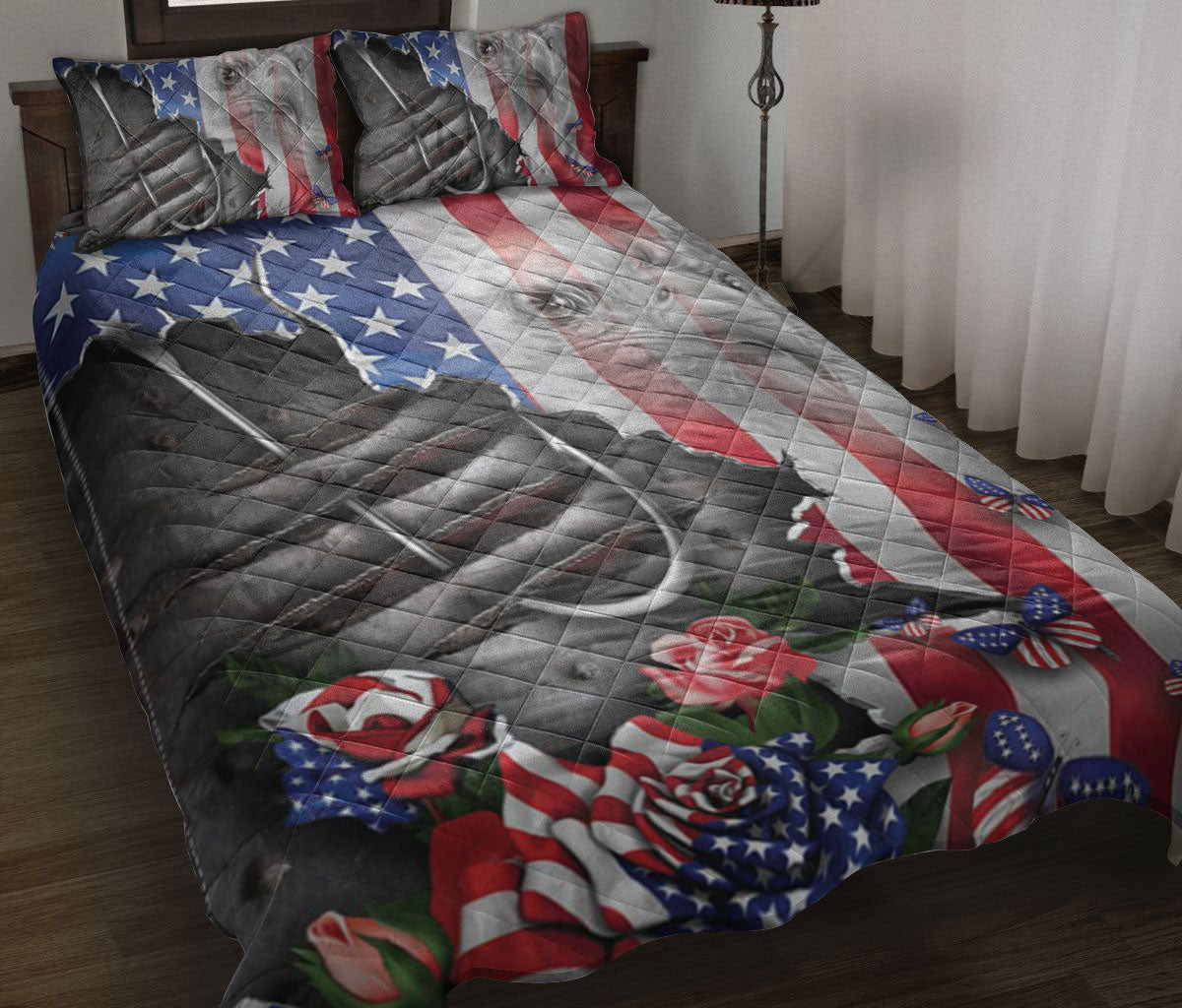 Fishing Quilt Bedding Set, Fishing Proud Nation Patriotic American Us Flag Floral Quilt Blanket With Pillowcases, Duvet Cover Set, July 4th Gift