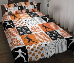 Baseball Quilt Bedding Set, Patchwork Baseball Player Posing Orange Baseball Quilt Blanket With Pillowcases, Duvet Cover Set, Sports Gifts