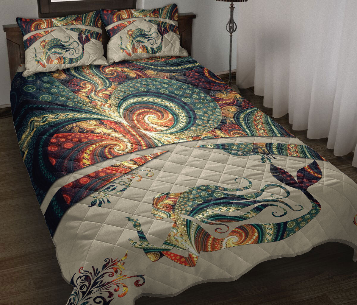 Mermaid Quilt Bedding Set, Mermaid Butterfly Mandala Flower Floral Bohemian Quilt Blanket With Pillowcases, Duvet Cover Set